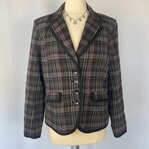 Y2K Blazer Jacket Size Large Black Gray Plaid Tartan Office Preppy Academia Twee